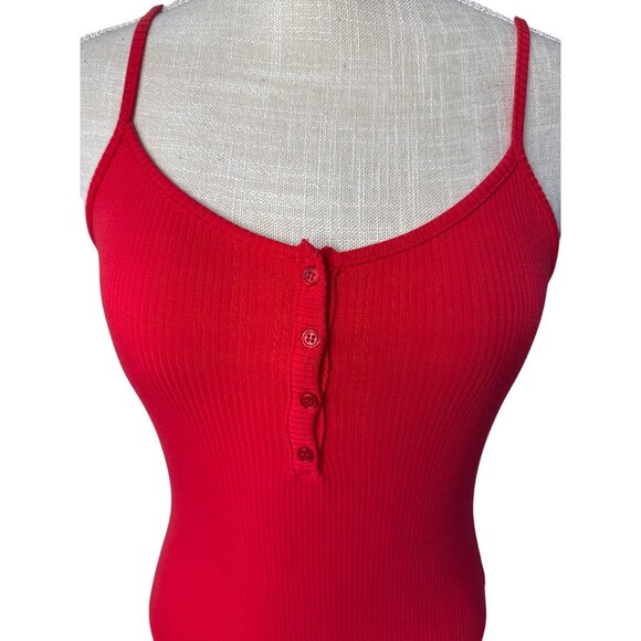 Garage Red Ribbed Bodysuit With Button Front Closure P/S - Picture 2 of 7